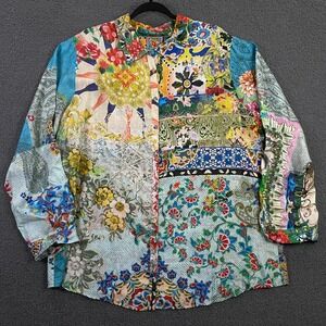 Johnny Was Audrey Blouse size XL Floral Print Collar Asian Button Up Roll Tab